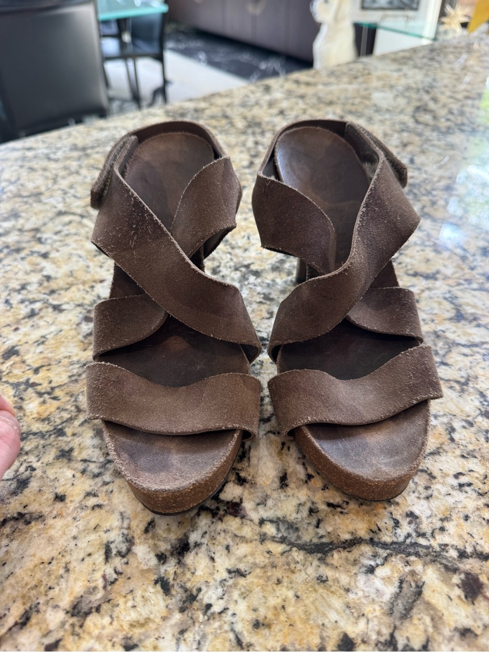 Pedro Garcia Taupe Suede Criss Cross Platform Sandals Heels Sz 36.5